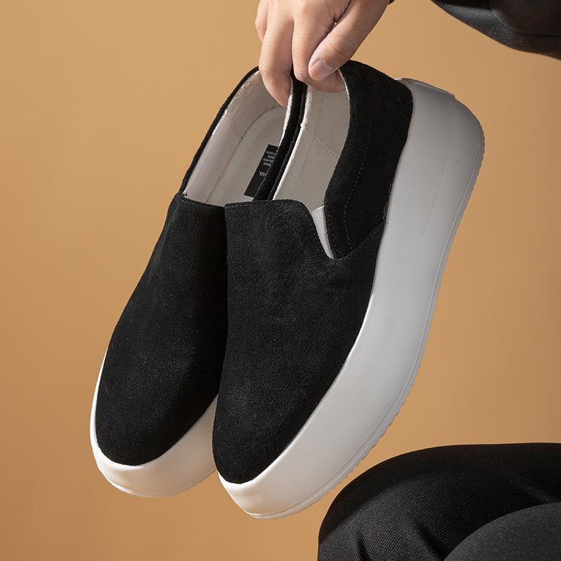 Loafers men's one-pedal autumn black flip casual leather shoes thick baseplate shoes Japanese lazy shoes light shoes