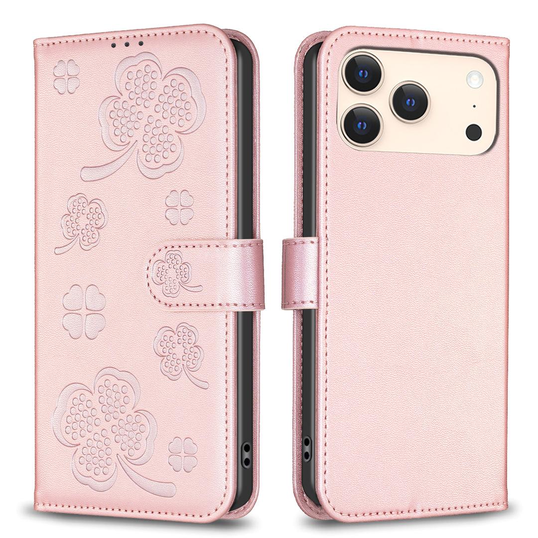 

For iPhone 17 Pro Case Clover Pattern Wallet Stand View Leather Phone Cover Pink