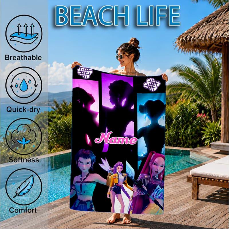 Custom Name KPop Cartoon Beach Towel Microfiber Beach Towel, Lightweight and Quick-Dry, for Summer Travel, Swimming Pool Gift