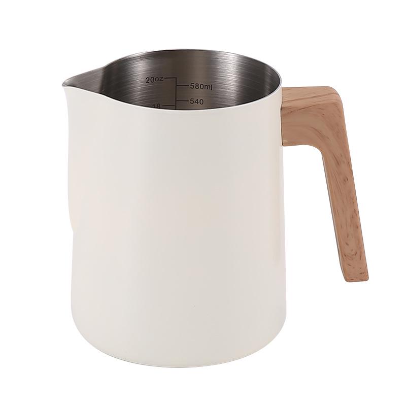 Wood Grain Handle Latte Art Cup, 304 Stainless Steel with Scale, Milk Frothing Pitcher