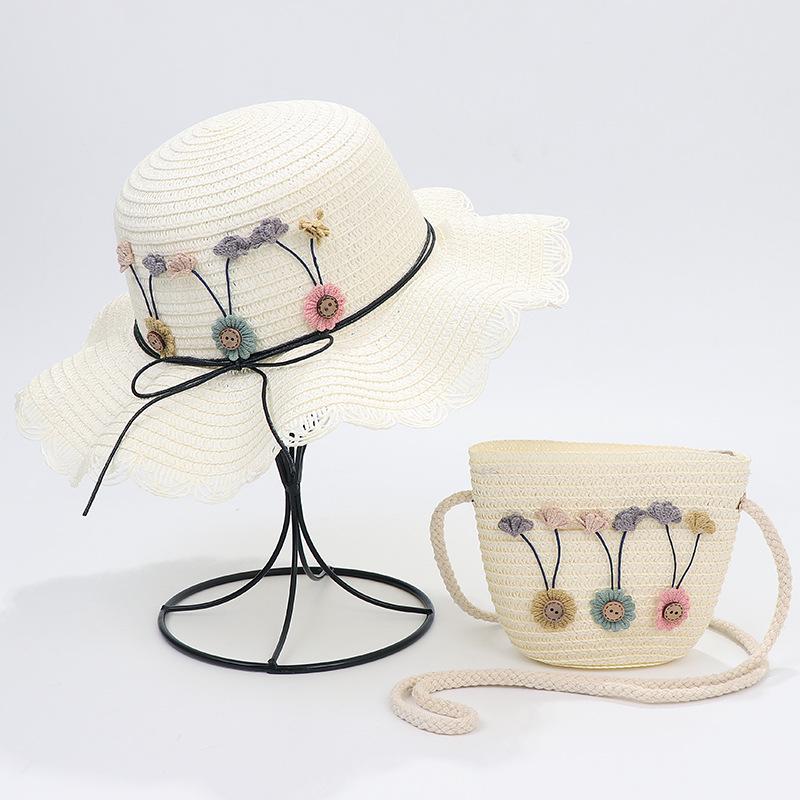 Korean-Style Kids' Floral Straw Hat & Bag Set - Sun Protection Beach Hat
