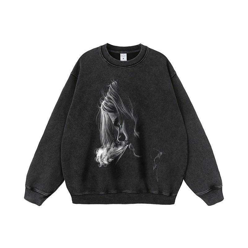 Mens Oversized Hip Hop Hoodie Vintage Washed Cotton Long Sleeve Streetwear Sweatshirt