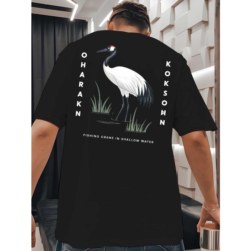 

European Size Men s Koinobori-Inspired Fishing Crane T-Shirt - Summer Short Sleeve Round Neck Casual & Gym Wear with Back Print 4XL чорний