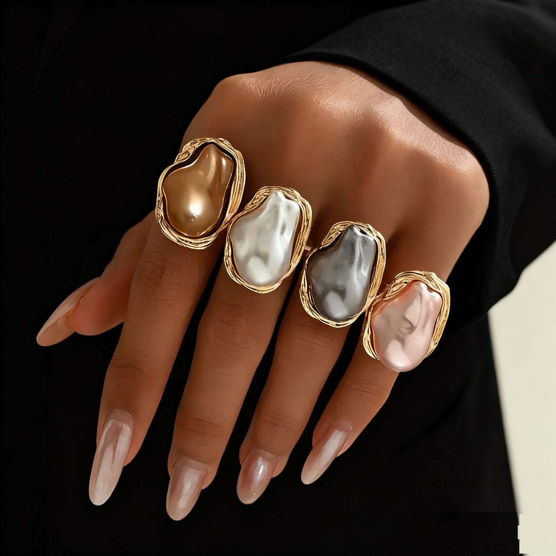 Hot-selling inlaid baroque imitation pearl opener ring set oval personality exaggerated design ring