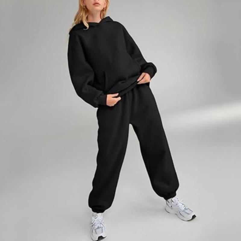 2 pezzi/set da donna, top sportivo, pantaloni, set con cappuccio, manica lunga, colore puro, felpa con cappuccio