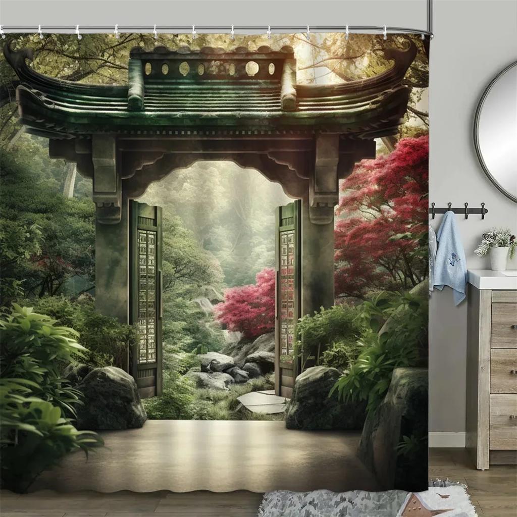 Cortina de ducha estilo chino, tablero de madera vintage, edificio de jardín, planta verde, patrón de bambú, decoración de baño, juego de cortinas