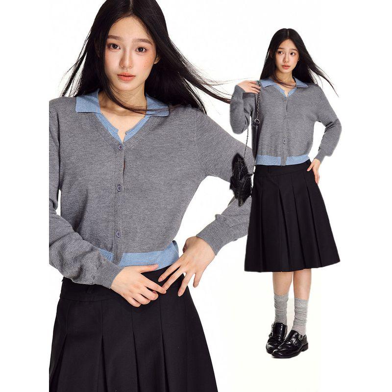 Shiyiyue Fake Two-Piece Knitted Cardigan for Women, Autumn and Winter American Retro Color-Blocking Short V-Neck Sweater Long-Sleeve Top