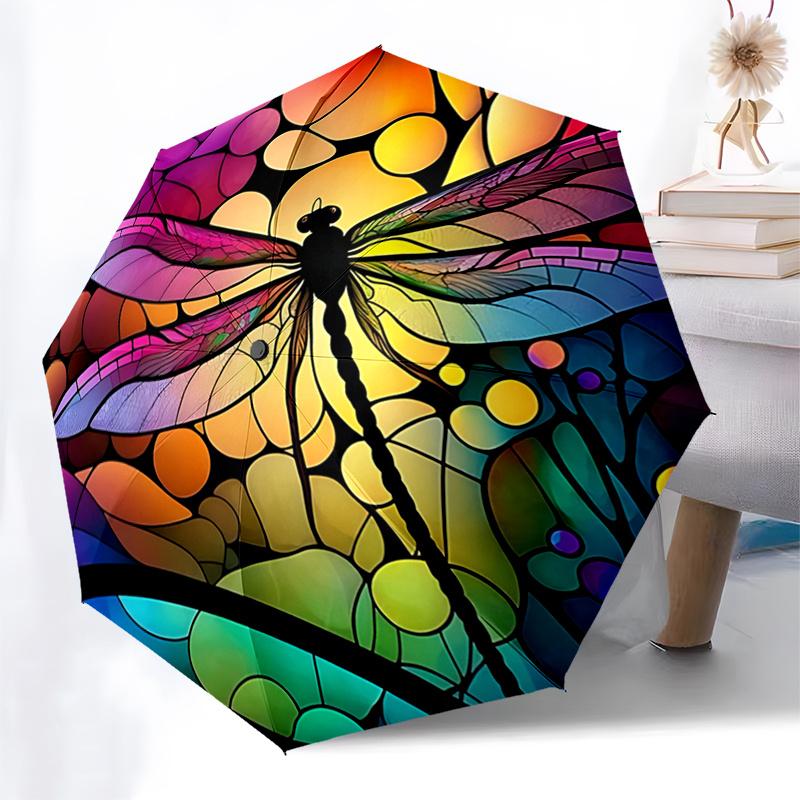 Colorful Stained Dragonfly Design Automatic Opening/Closing Umbrella with Foldable Design,, Travelers, Daily Use, Festive Gift1121011a