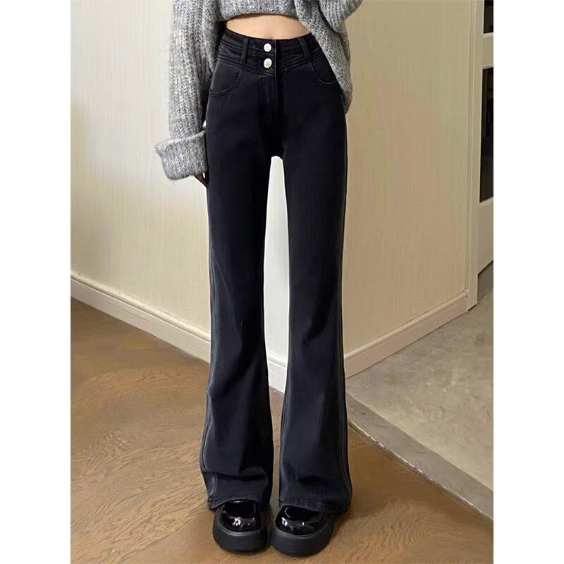 

Женские джинсы с высокой талией, облегающие, прямого кроя - Весна/Осень 2024, Маленький размер, Брюки в пол XL чёрный