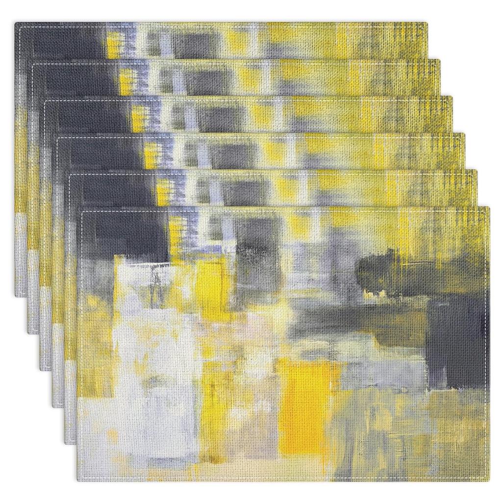 Farmhouse Placemats Set of 4, 12x18 Inch Modern Grey White and Yellow Art Painting Table Mats for Outdoor Home Party Kitchen Dining Decoration