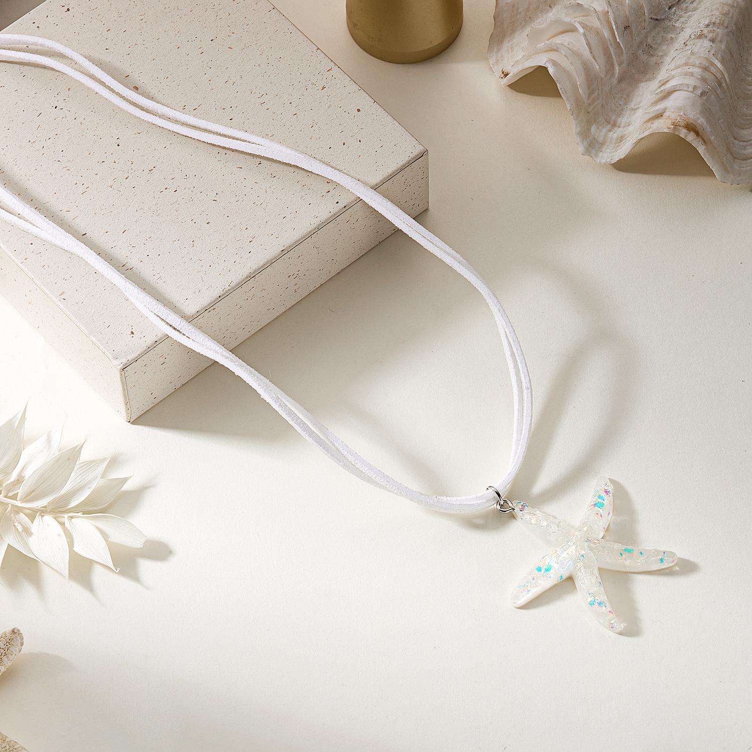 

Boho Blue Large Resin Starfish Pendant Necklace for Women Simple Double Layer Rope Chain Choker Summer Beach Vacation Jewelry