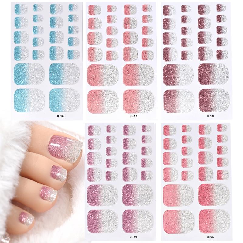 22Pcs/Sheet Toe Nail Sticker Wraps Baking Free Simple Solid Color Glitter Full Cover Toenail Polish Strips Waterproof