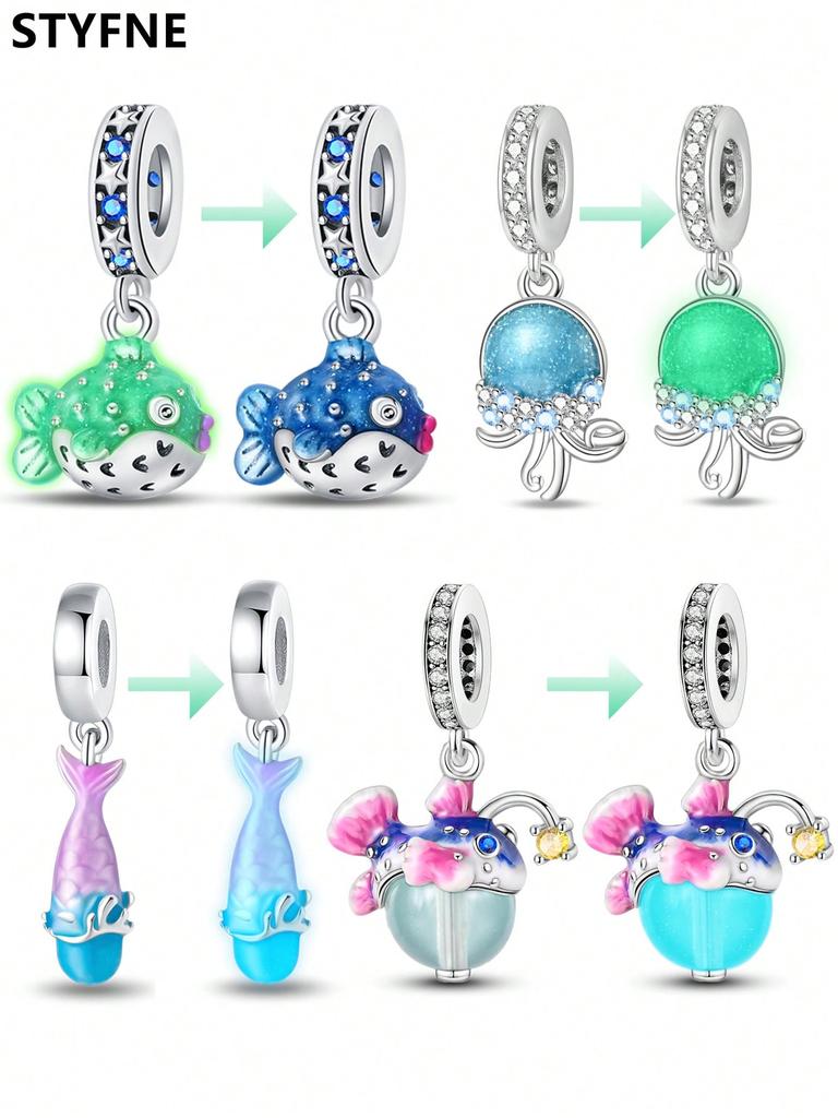 Charms Plata Marine Biolumineszierende Quallen Perlen Charm Kupferbeschichtet Passend für Charms Original Armband Zum Schmuckherstellen Diy Charm