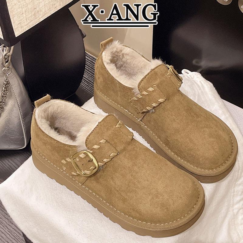 Cowhide All-inclusive Women's Velvet Thickened Thermal Cotton Shoes Winter Wool Snow Boots One Pedal Fluffy Shoes