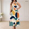 Women Plus Size Round Neck Triple Keyhole Cutout Sleeveless Geometric Print Long Dress Blue Yellow Beige