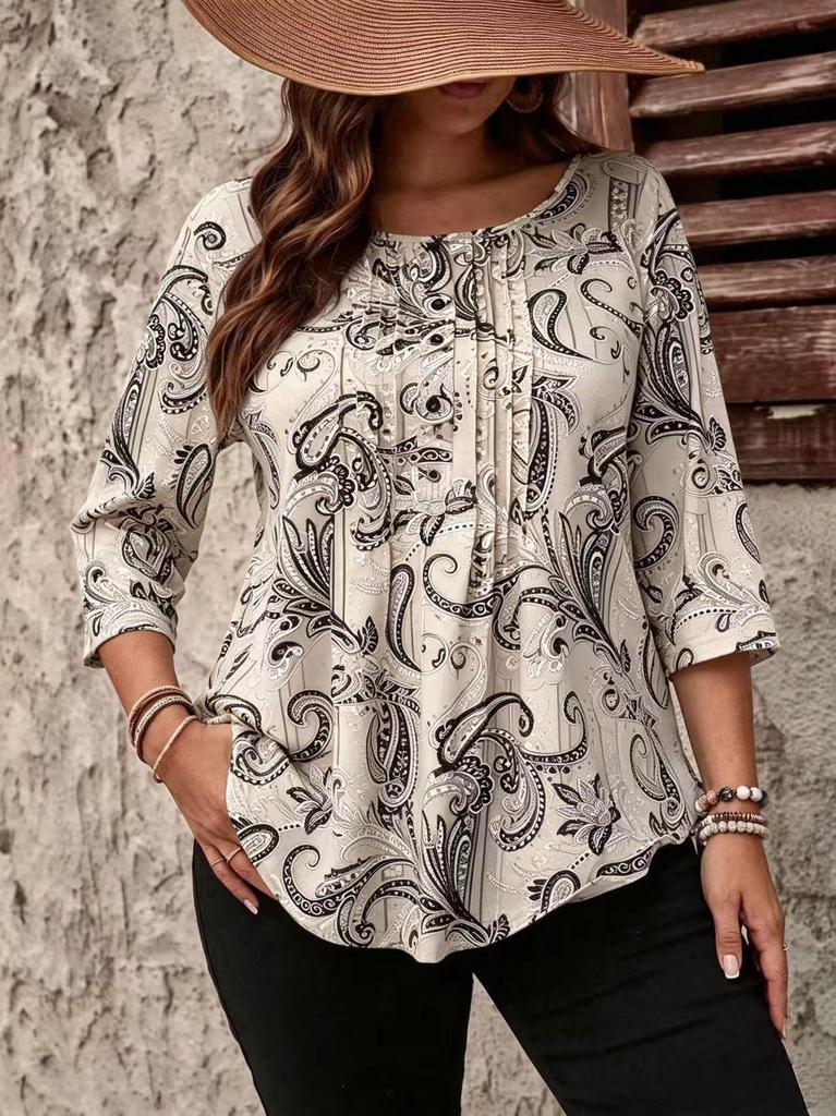 Bawełniany T-shirt z Długim Rękawem i Guzikami w Wzór Paisley dla Kobiet w Rozmiarach Plus