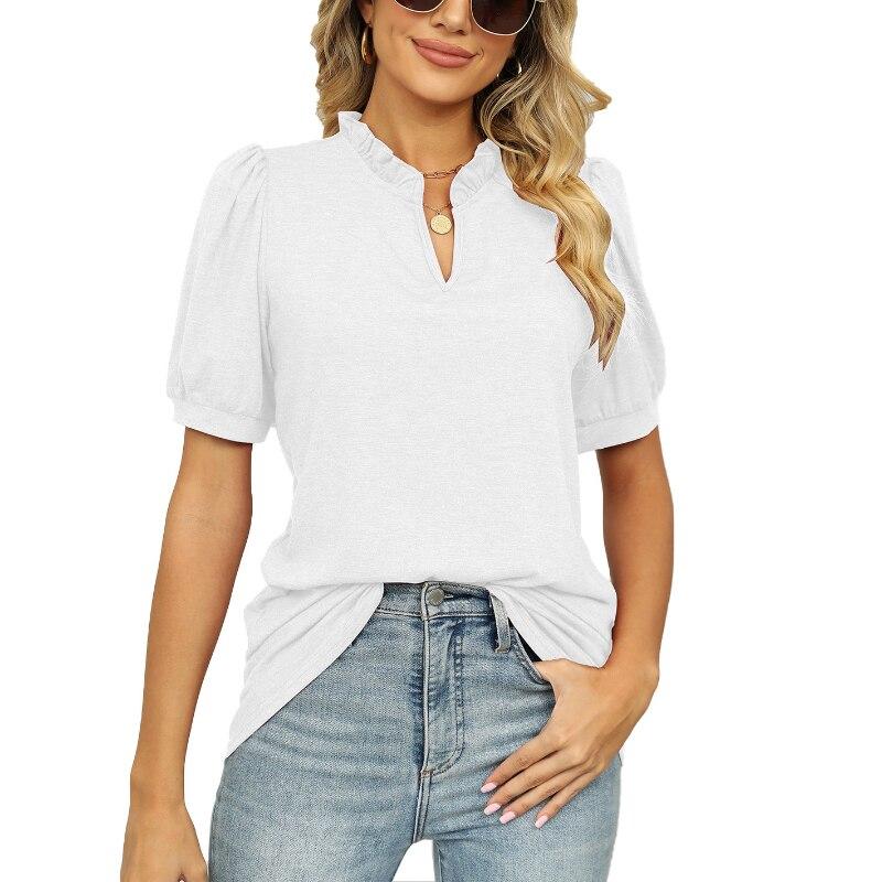 T-Shirt Femme NARRAME Manches Pétale Col V - Haut Été Léger - Taille S-3XL