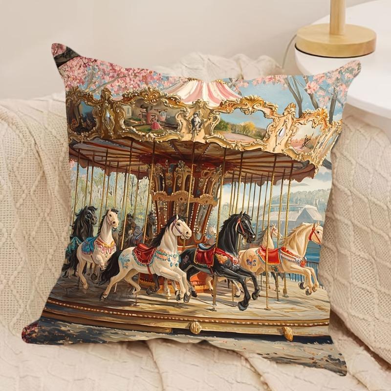 Vintage Carousel Pillowcase Classic MerryGoRound Cushion Cover Romantic Horse Print Throw Pillow Shabby Chic Bedroom Decor