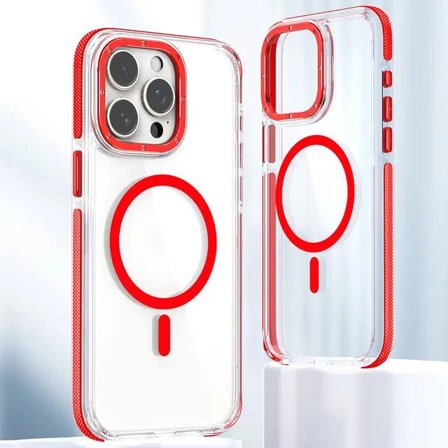 

для iPhone 15 14 13 12 11 Plus Pro Max Чохол з кольоровою рамкою Magnetic Magsafe Бездротова зарядна кришка Clear Shell Anti-fall Fundas for iPhone 15 червоний