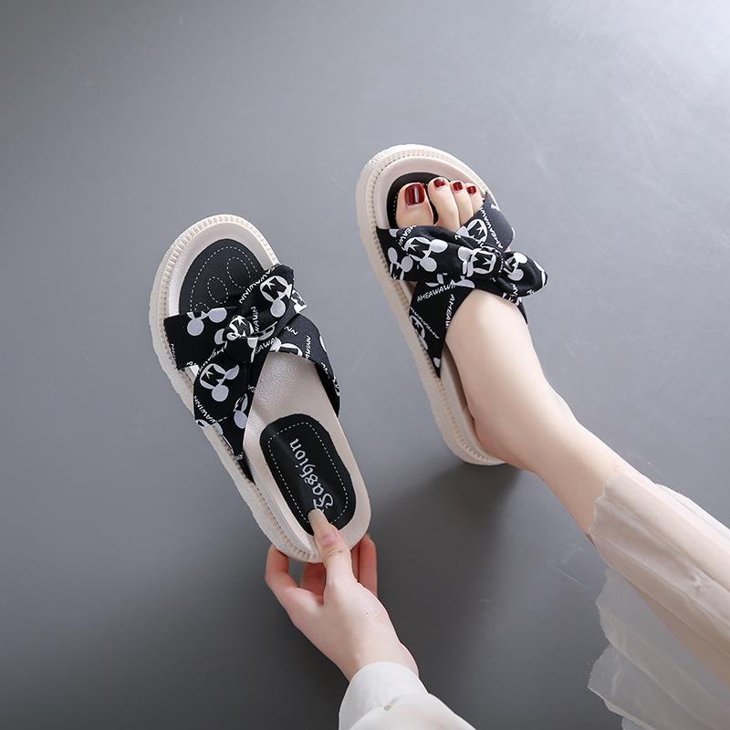 thick-soled bow-tie cool slippers female summer new fairy wind wear versatile soft-soled cross beach sandals