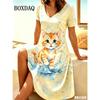 Women 3D Cats Print Dress Fashion 2026 Funny Kawaii V-Neck Home Dress Female Clothing Plus Size Summer Casual Short Sleeve Dress