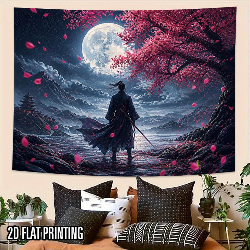 2D Flat - 2D Flat - 2D Flat Print 1pc Tapestry Moonlit Samurai Under Cherry Blossoms Wall Hanging Photo Booth Backdrop Suitable for Parties, Decor, Th