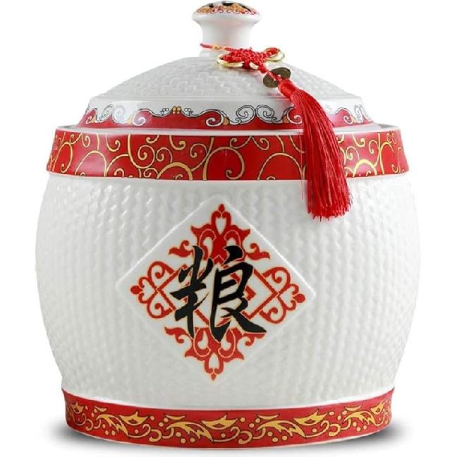 

DXYLFFF Classic Food Dispensers Ceramic Rice Bucket with Tassel Design, Household Rice Storage Box with Lid, Chinese Sealed Large-Capacity Rice Pot, A-4kg
