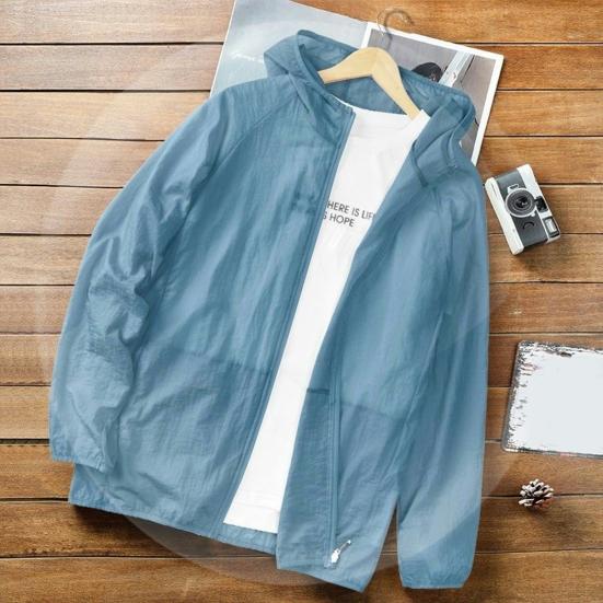 

Summer Men s Windbreaker Big Size Sun Protection Clothing Ultra-thin Streetwear Zipper Hooded Jackets XXXXL синій