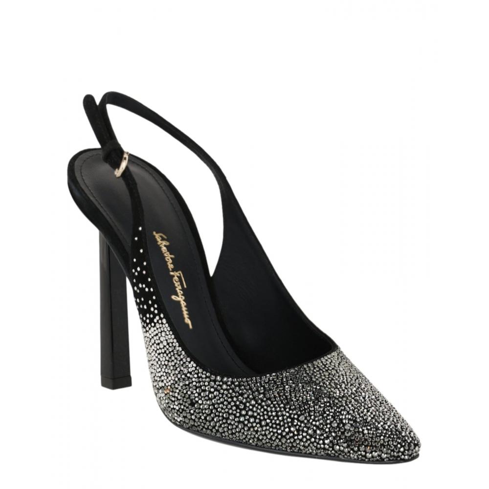 Salvatore Ferragamo Jessie Crystal Embellished Slingback Pumps Black