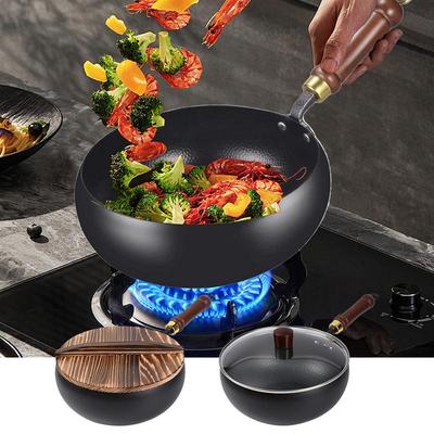 Wok Antihaft Traditioneller Eisen-Wok Ergonomische Unbeschichtete Eisenpfanne Mit Deckel Für Zuhause Draußen Restaurant Camping Drinnen