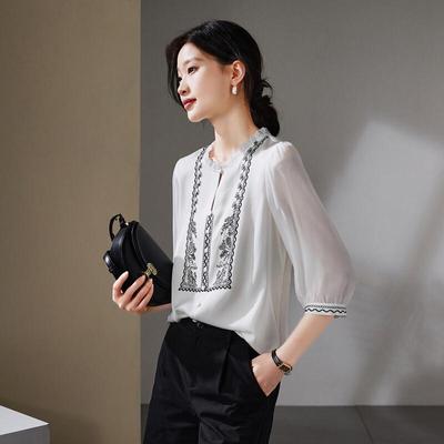 SOFSIL 2026 Summer French Silk Blend Embroidered Ruffle Blouse