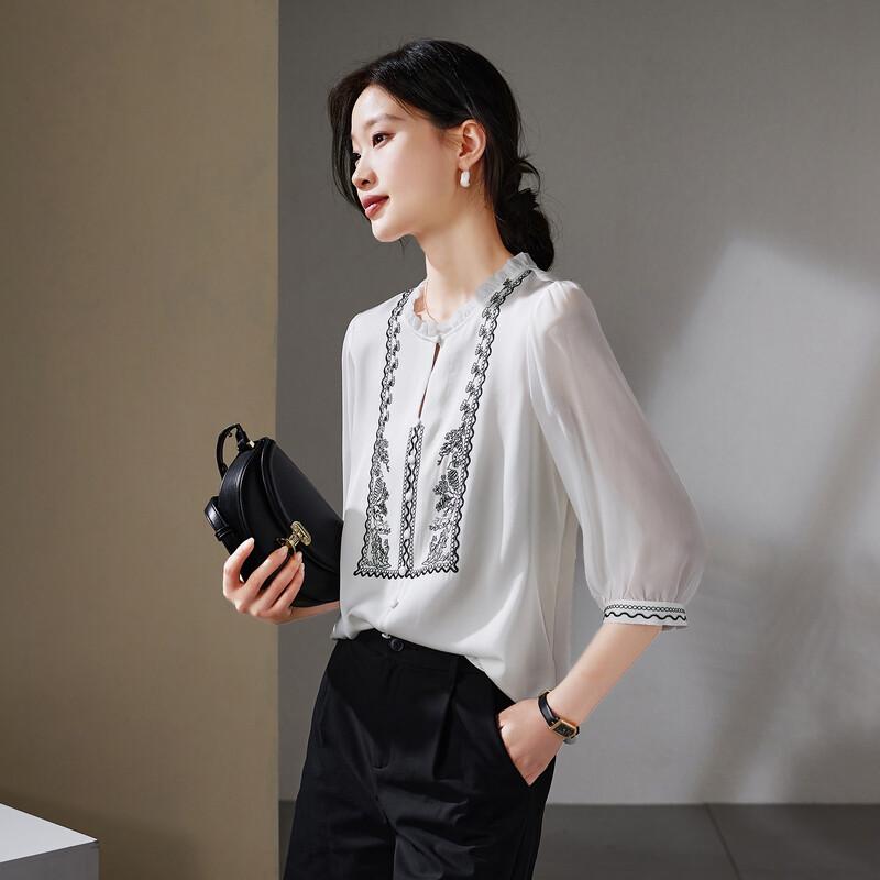 SOFSIL 2026 Summer French Silk Blend Embroidered Ruffle Blouse XL