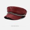 PU Leather Beret Hat Silver Chain Decor Octagonal Beret Cap Vintage Peaked Hat  Autumn Winter
