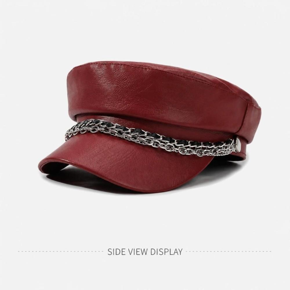 PU Leather Beret Hat Silver Chain Decor Octagonal Beret Cap Vintage Peaked Hat  Autumn Winter
