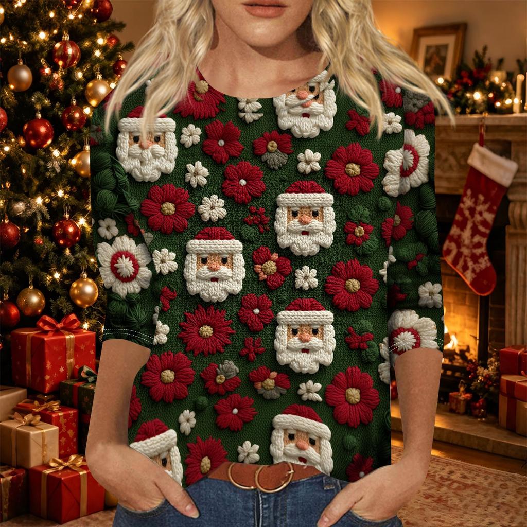 Women's Casual Christmas Printed Three-Quarter Sleeve Neck T-Shirt Tee Top