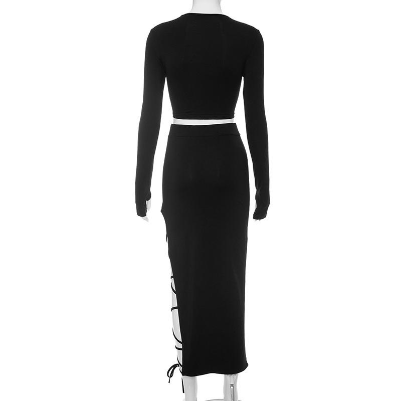 Women's Autumn Solid Color Long Sleeve Top & Slim Fit Slit Lace-up Skirt Set