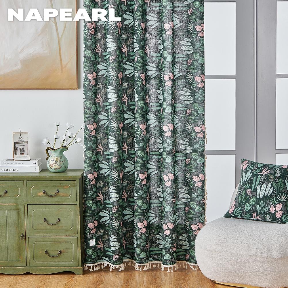 1PC NAPEARL Semi Blackout Curtain with Green Water Grass Pattern and Flowing Edge Curtain for Small Window Kitchen Bedroom Living Room Home Decor