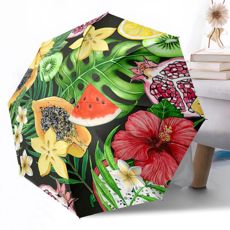 Tropical Fruit And Flowers Compact Travel Automatic Umbrella Retractable Design with 8-Rib Durability Sturdy Construction All-Season Travel