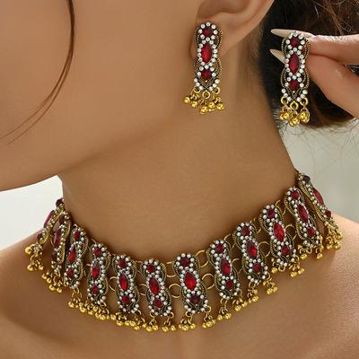 Vintage Ethnic Inlaid Colorful Crystal Stone Daily Outfits Party Accessories Statement Necklace Earrings Jewelry Gift
