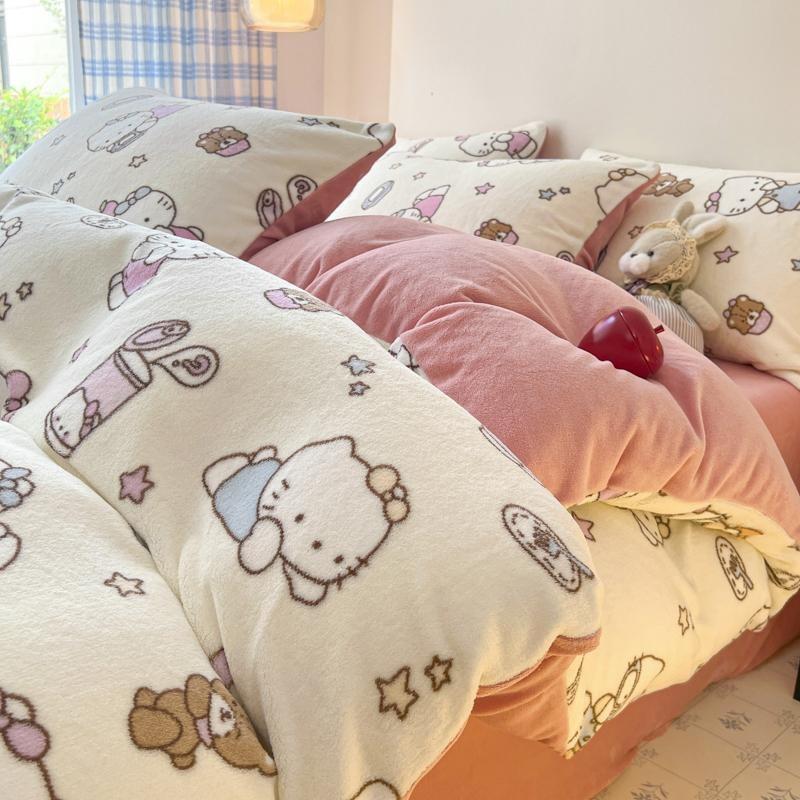 Thickened Milk Fleece Bed Four-Piece Set, Double-Sided Fleece Coral Fleece Quilt Cover, Bed Sheet Three-Piece Set