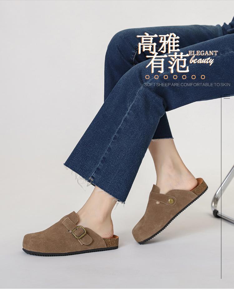 Anti suede cowhide toe wrapped Boken shoes with arched support made of cork worn for lazy women in semi slippers