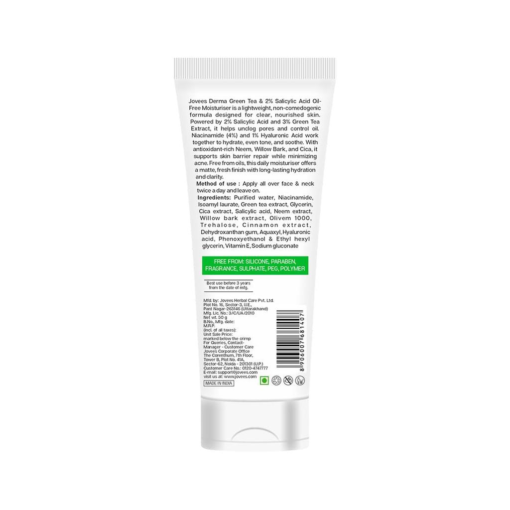 Jovees Green Tea Light Moisturizer For Oily Acne Prone Skin | Hydrating Non Sticky Cream With Niacinamide & Hyaluronic Acid 50g Pack