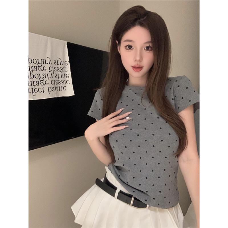 

Women s Retro Polka Dot Round Neck Short-Sleeve Slim Fit T-Shirt - Summer 2024 Casual Student Top Extra Large сірий колір