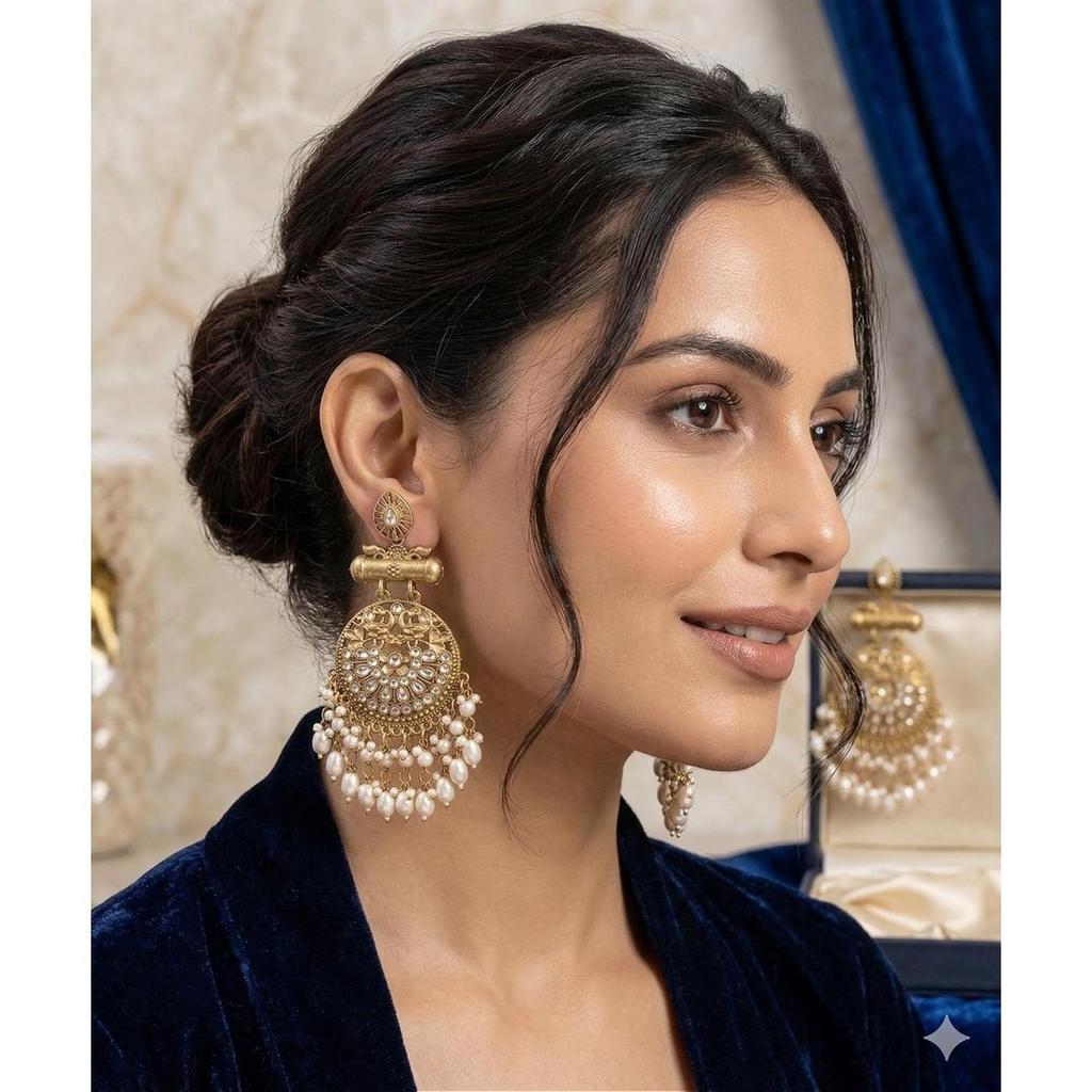 Heritage Chandbali Ohrringe für Damen | Chandbali im antiken Goldstil mit Tropfen | Traditioneller Schmuck für Hochzeiten und Feste