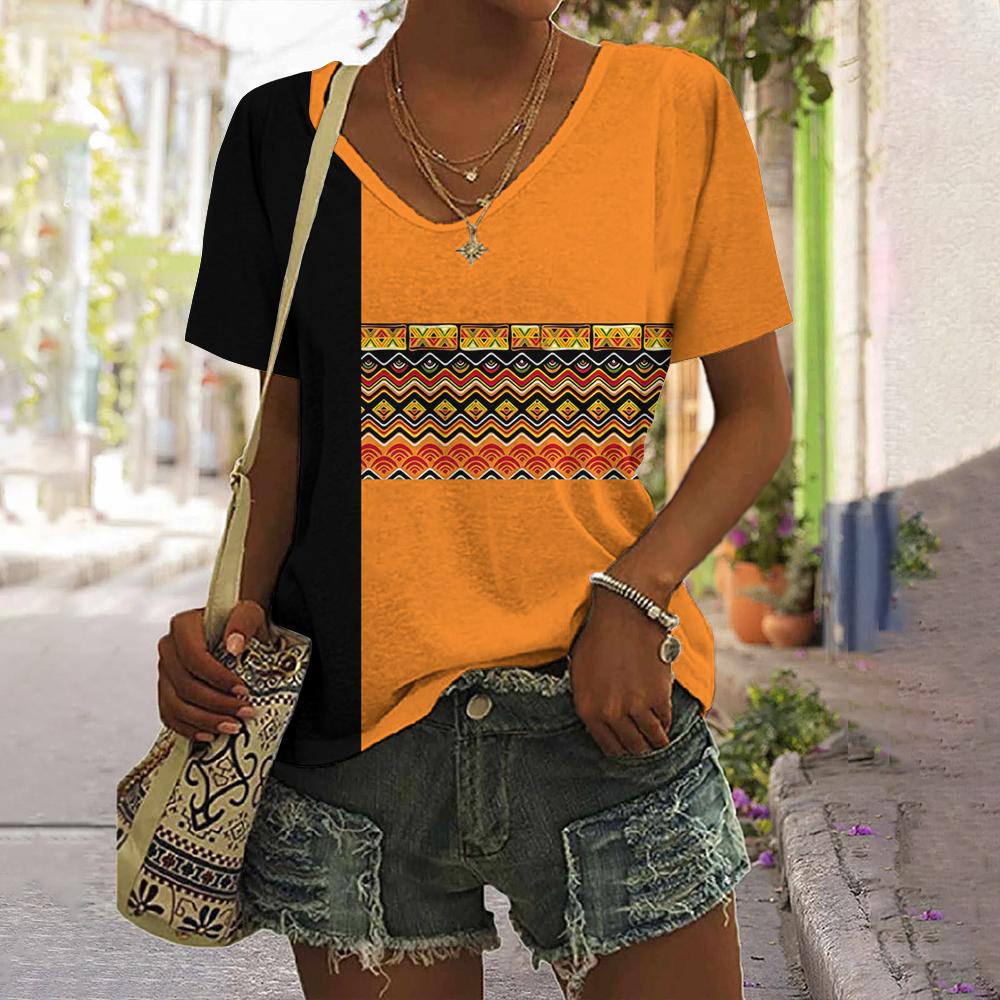 Letnia Vintage Etniczna Sun 3D Print T-shirt Kobiety Streetwear T-shirty Y2k Topy Kobieta Harajuku Koszulki z dekoltem w serek Oversized Odzież