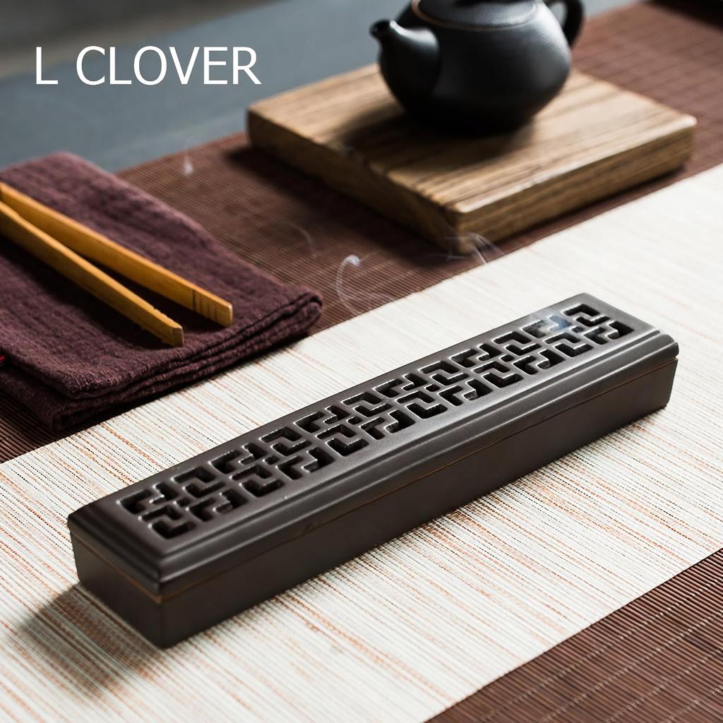 L CLOVER Incense Holder, Horizontal Storage with Lid, Stainless Steel Net, Buddhist Altar, Incense Burner, Incense Holder, Ceramic (Dark Brown)