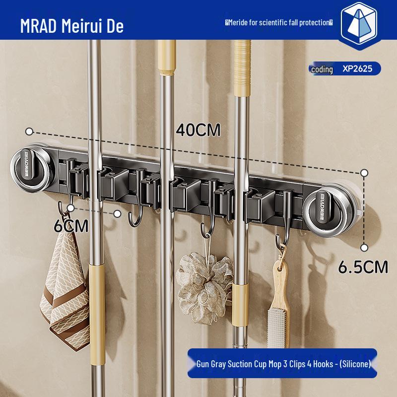 Movable Suction Cup Mop Clip Wall-Mount Storage Rack
