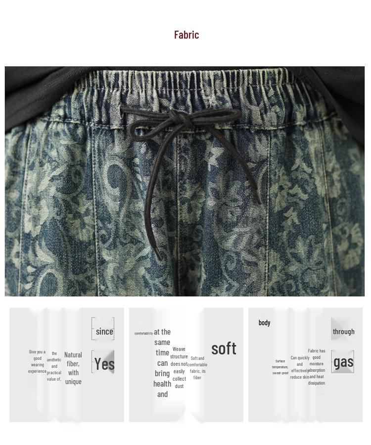 Nieuwe Plus Size Bloemen Jacquard Zacht Denim Wijde Pijp 7/8 Broek - Casual Zomer Mode