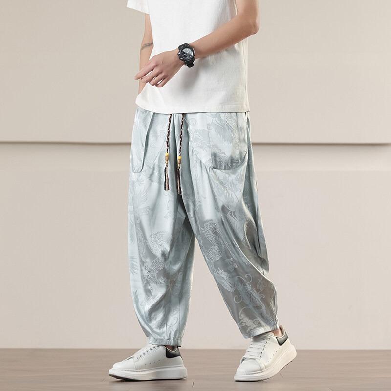 Mens Chinese Dragon Jacquard Drawstring Waist Loose Harem Pants