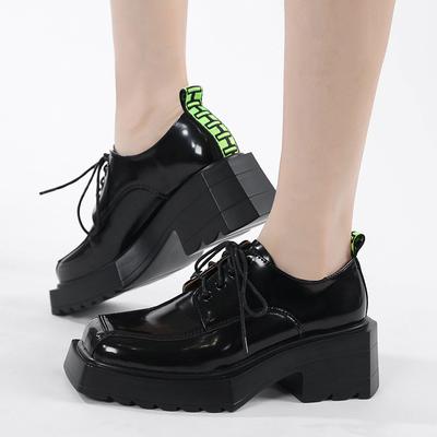 Thick-soled Fashionable Square Head Front Lace-up Thick-heeled Single Shoes, Sexy Small Leather Shoes